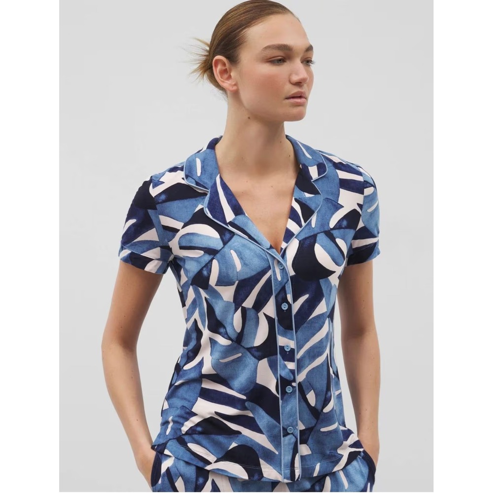 Soma Cool Nights Piped Short Sleeve Notch Collar Pajama Set Tropical Blue Size M - Picture 3 of 16